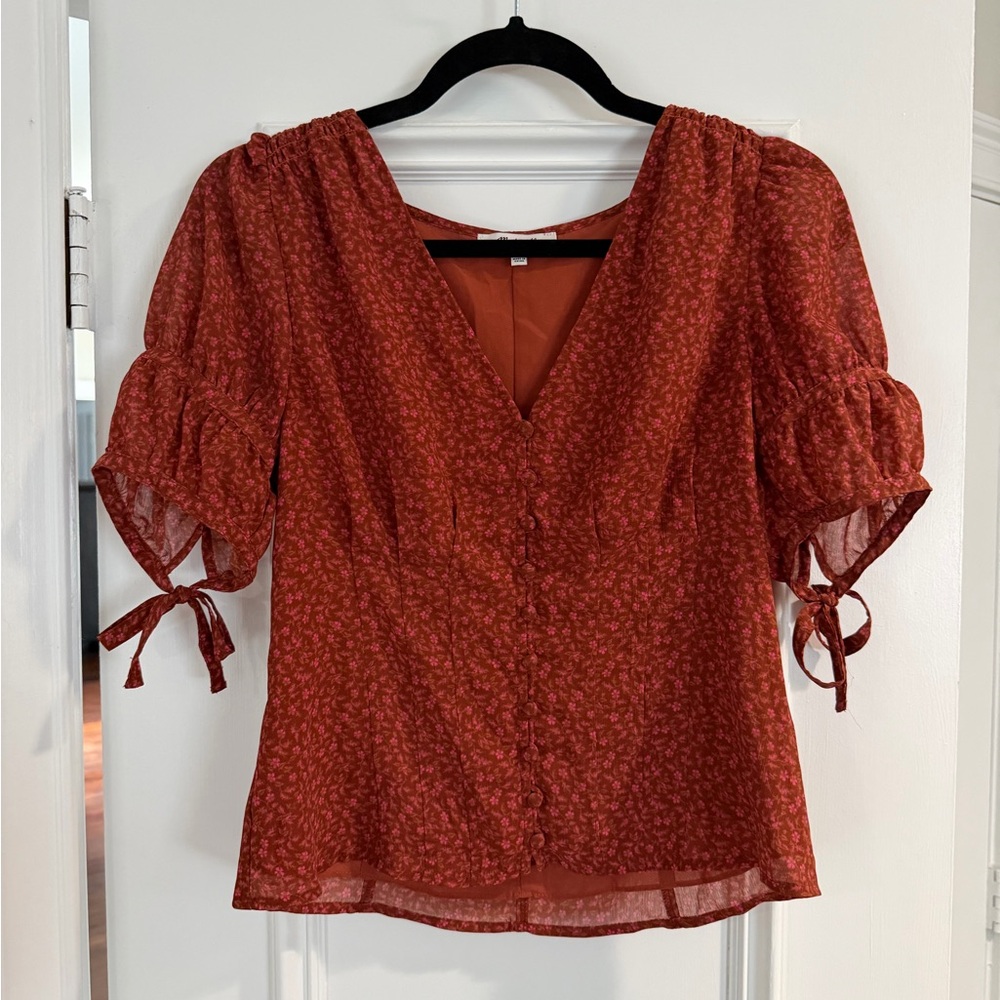 Madewell Rust Floral Blouse with Puff Sleeves